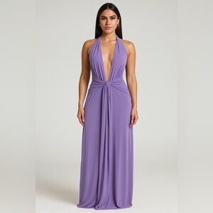 Purple Plunge Halter Maxi Dress – Deep V, Ruched Waist, Floor Length.